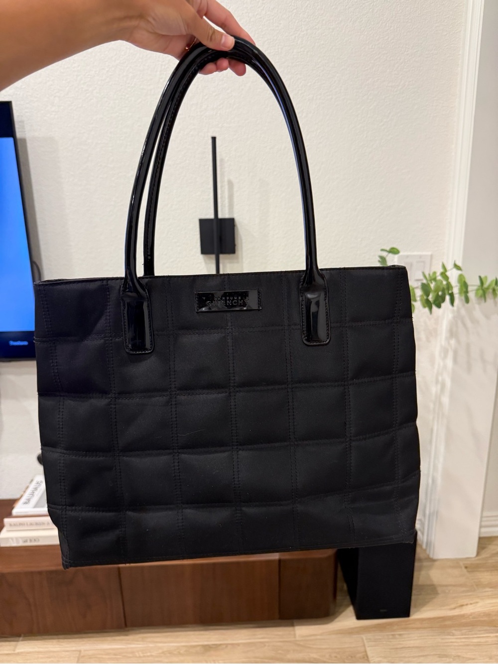 Black Quilted Tote Bag with Patent Handles